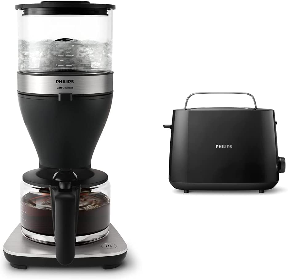 Philips Domestic Appliances Philips Filter Coffee Maker - 1.25L Capacity, up to 15 Cups, Boil & Brew, Black/Silver (HD5416/60) & Philips HD2581/90 Toaster, Integrated Bun Attachment, 8 Browning Levels, Black
