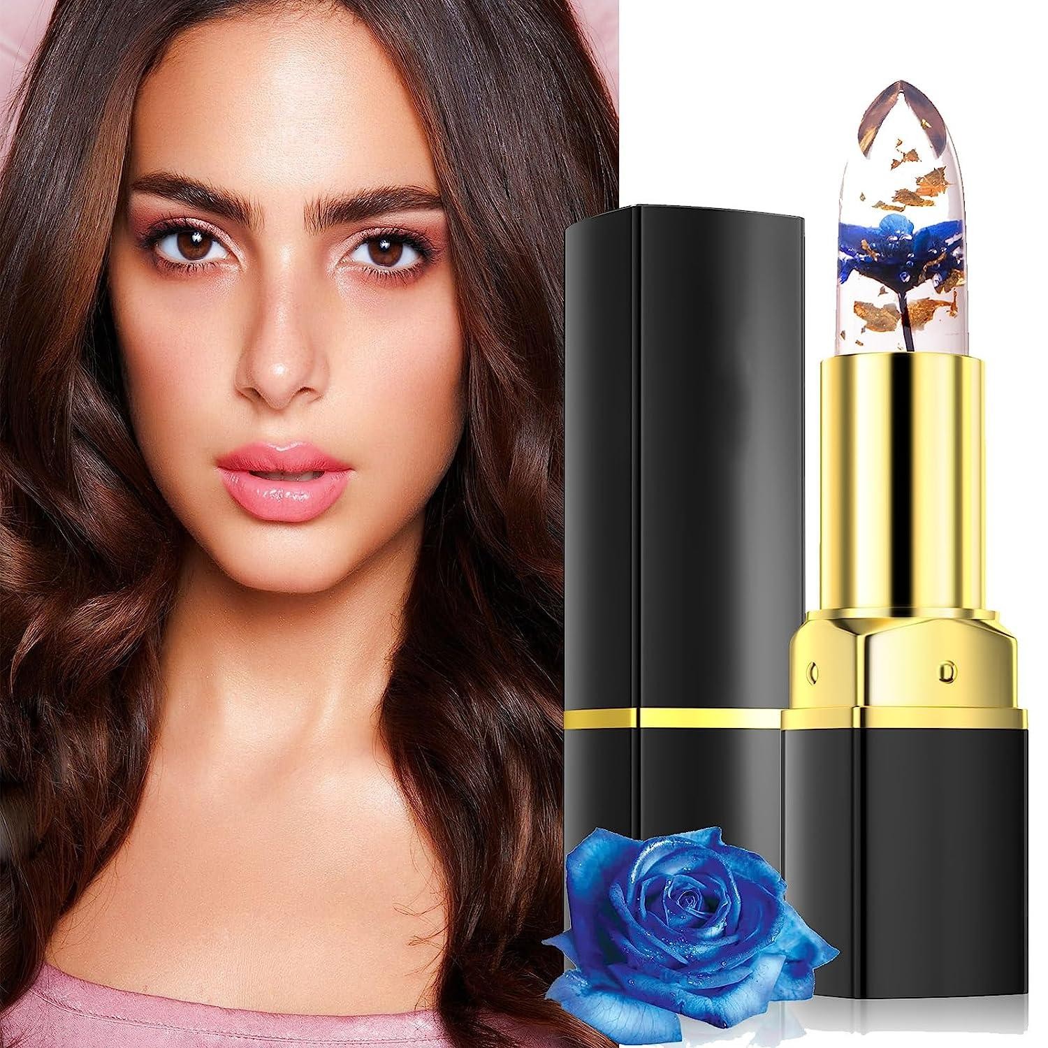 HOUSN Color Changing Jelly Lipstick with Flowers Juicy Bomb Essence Lip Gloss Transparent Lipstick, Ph Magic Temperature Color Changing Lip Balm Long-Lasting Moisturising Cream (Blue)
