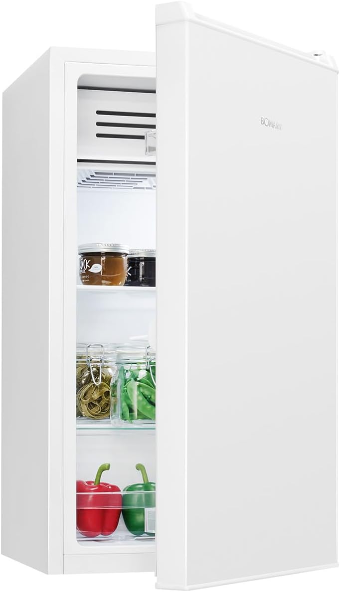 Bomann KS 7257 Refrigerator with Frost Compartment | 83 Litres | Energy Efficient, Quiet & Compact | 0 °C - 8 °C, Infinitely Adjustable | 2 Shelves & Vegetable Compartment | LED Lighting | Door Hinge Changeable | KS 7257 White