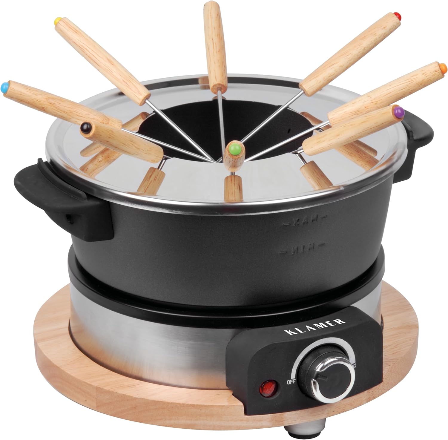 Klamer Electric Fondue Set for Up to 8 People, Including 8 x Fondue Forks, Continuous Adjustment, with Splash Guard, Cast Aluminium, Sustainable Rubber Tree Cladding