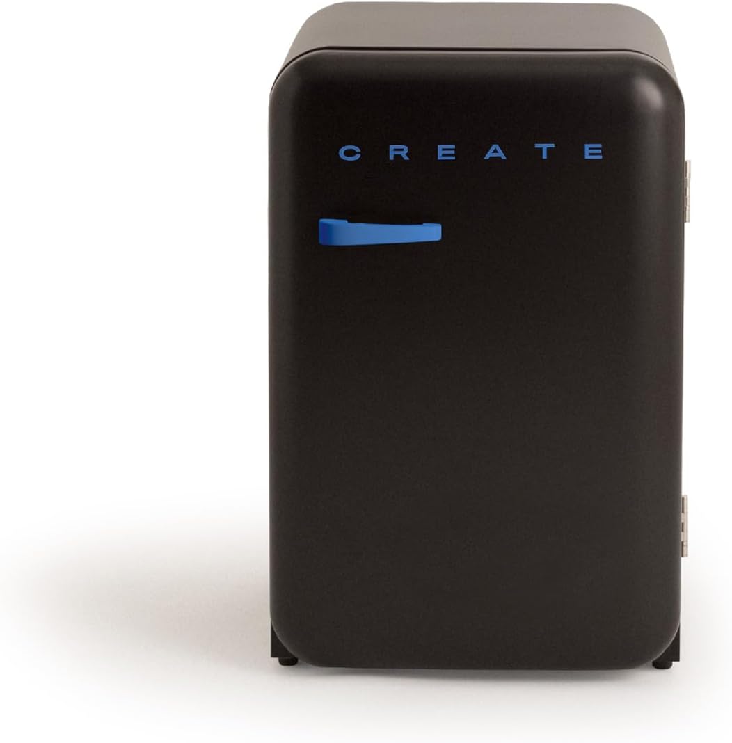 CREATE Retro Friend 83.5 Cobalt Fridge in Black, Cobalt Blue Handle, 98 W, Low Consumption, 2 Shelves, Temperature Control, Bottle Holder, 56 x 54 x 84 cm