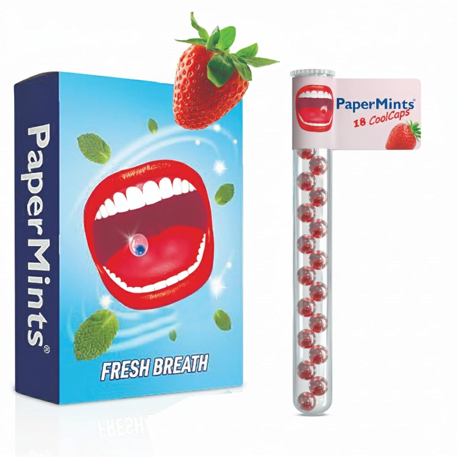 PaperMints CoolCaps - 6 Tubes of 18 Sugar Free Strawberry Beads - For Fresh Breath and Bad Breath - Quick Dry Mouth Relief - Double Action - Total 108 Capsules