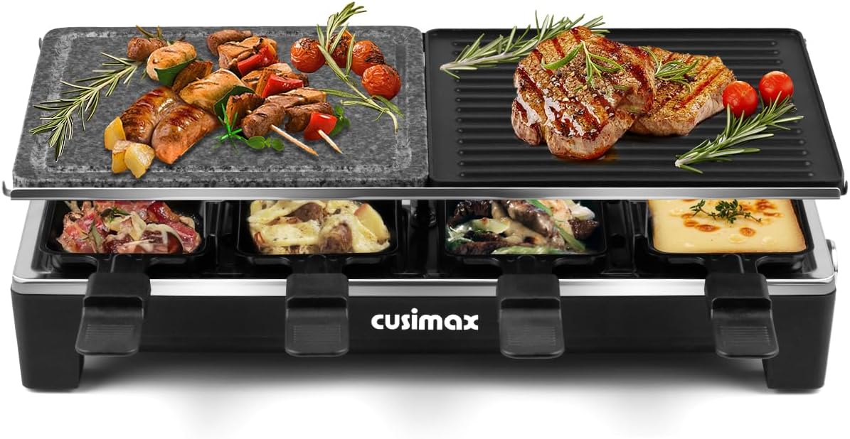 CUSIMAX Raclette Grill with Reversible Grill Pan and Natural Grill Stone, Raclette Party Grill for 8 People, Continuously Adjustable Temperature, 8 Mini Pans, Non-Stick Coating, 1500 W, Black