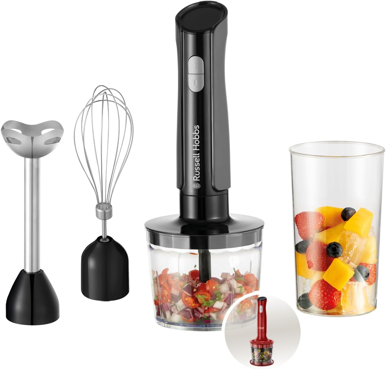 Russell Hobbs Hand Blender [3-in-1 Hand Mixer] Electric Chopper (Food Processor with 3 Attachments for Baby Food, Smoothies, Soups, 2 Speeds + Impulse, Stainless Steel, BPA-Free) Matte Charcoal