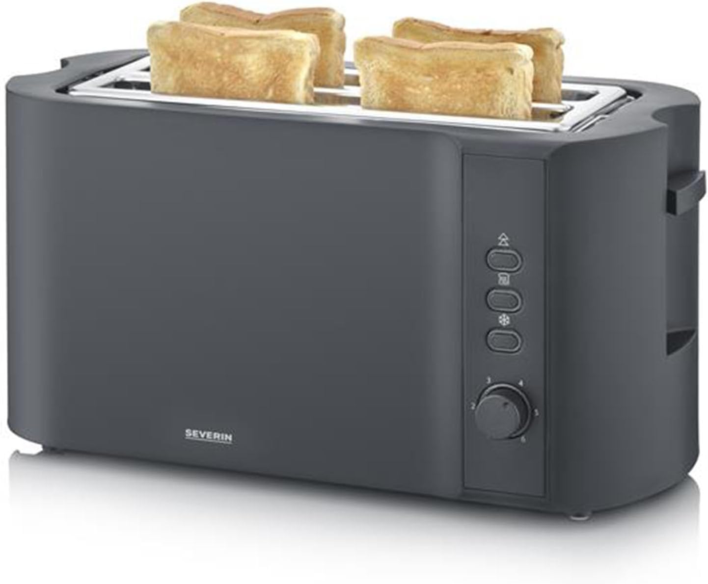 Severin AT 2591 Long Slot Toaster with 4 Slices with Integrated Bun Attachment, 2 Long Slot Roasting Channels, Various Warm-up Levels, 1,400 W, Matte Black