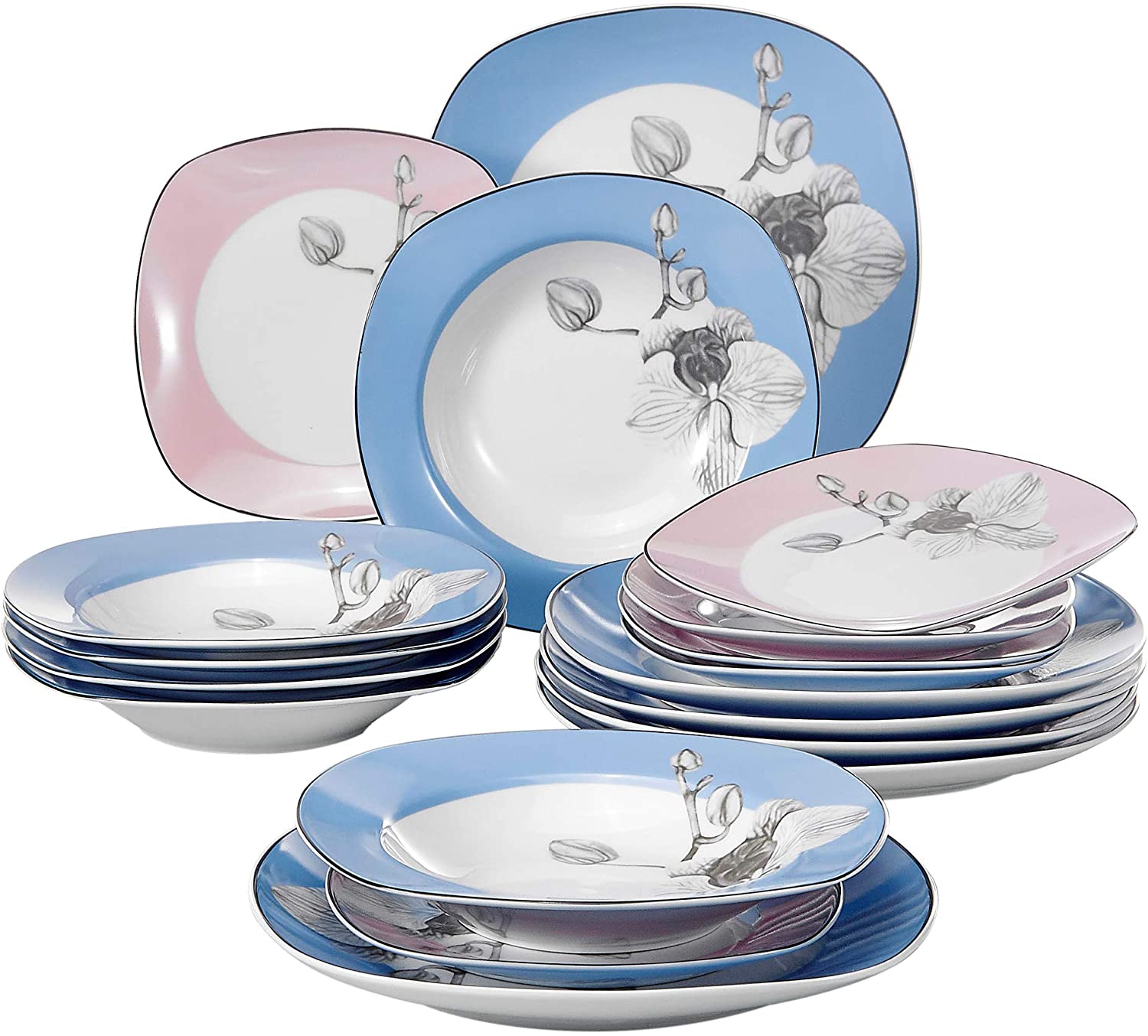 Veweet \'Debbie\' Porcelain Dinner Set, 18/36 Pieces Crockery Set, 20/40 Pieces Breakfast Set, 24/48 Pieces Dinner Set, 30/60 Pieces Combined Dinner Set
