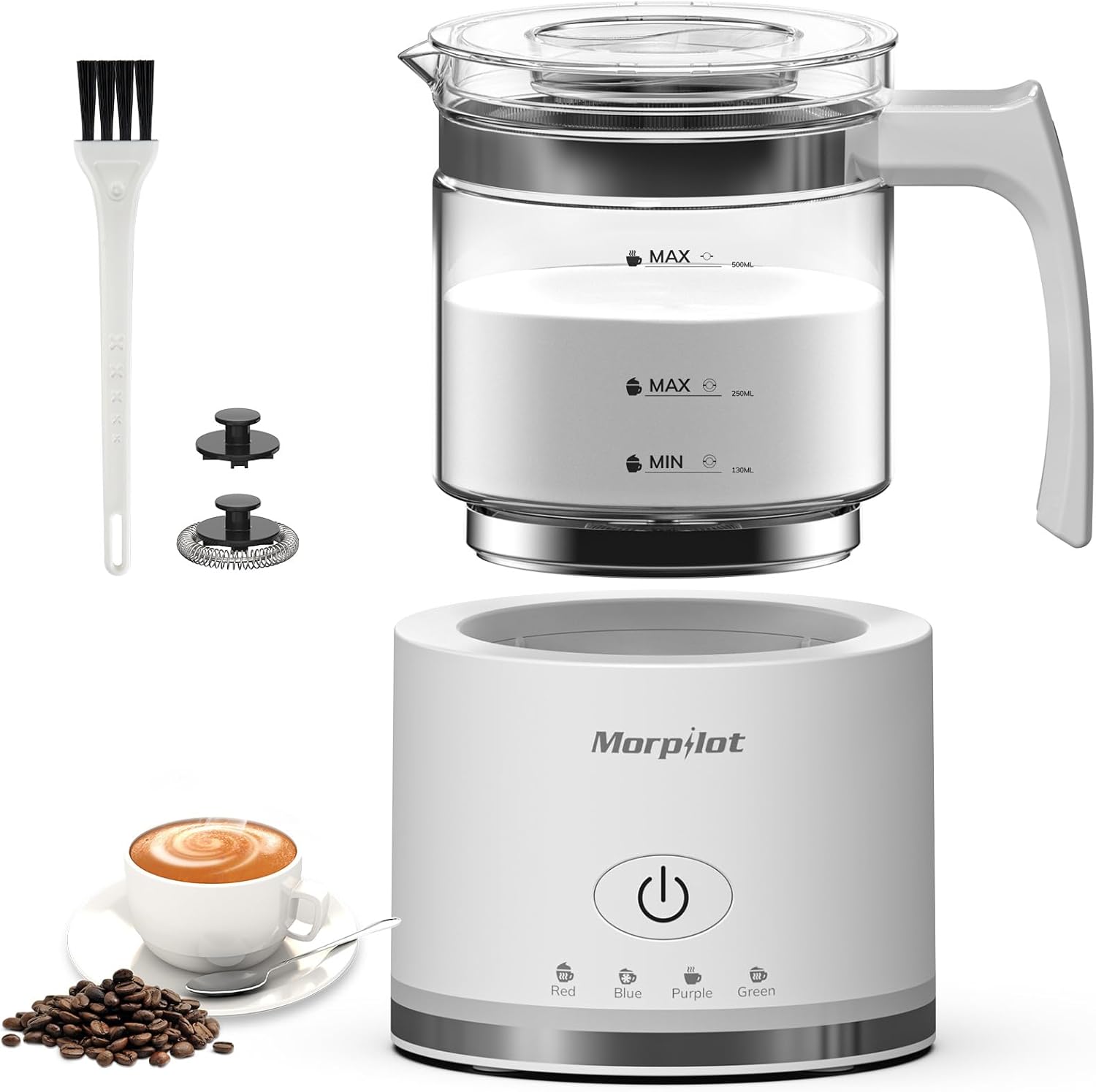Morpilot Electric Milk Frother, 4-in-1 Milk Frother for Hot and Cold, 600 W, 500 ml, Dishwasher Safe Frother, Latte Design, Visual Glass, White