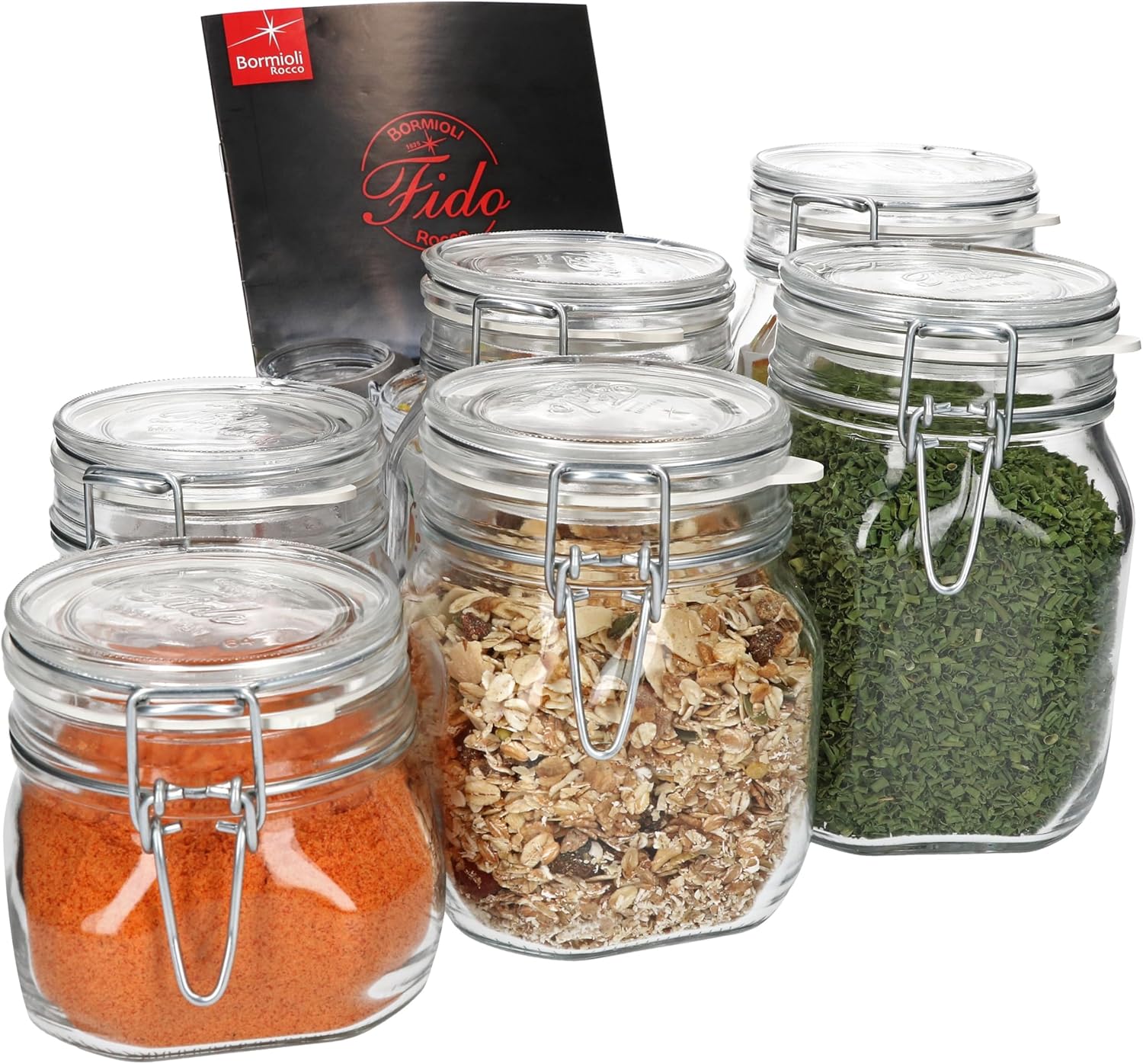MamboCat 6-Piece Set of Fido Jars with Clip-Lock, Preserving Jar, Swing Top in 3 Sizes, Flip-Top Jar, 750 ml, Storage Jar, 500 ml, Clip-Top Jar, 1 l, Square Glass Jar for Storage.