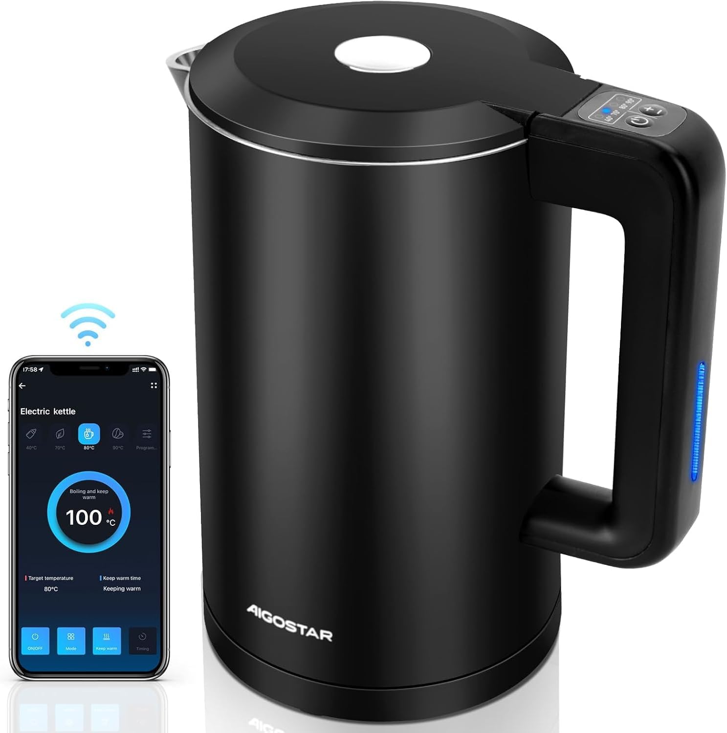 Aigostar - Smart Kettle with Temperature Setting 40°C - 100°C, WiFi Control, Compatible with Alexa, 1.7 L Stainless Steel Double Wall Cool Touch, Quiet & Wireless, Keep Warm Function, Black