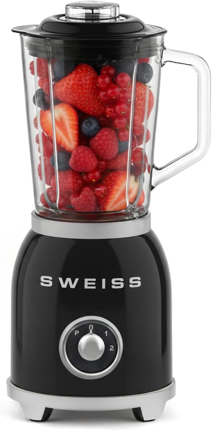 SWEISS Smoothie Vintage MXV9 Blender with 2 Speed Levels and Pulse Function, 6 Stainless Steel Blades, 1.5L Capacity, Glass Bowl, Non-Slip Feet, Safety Switch, 1000W, Black