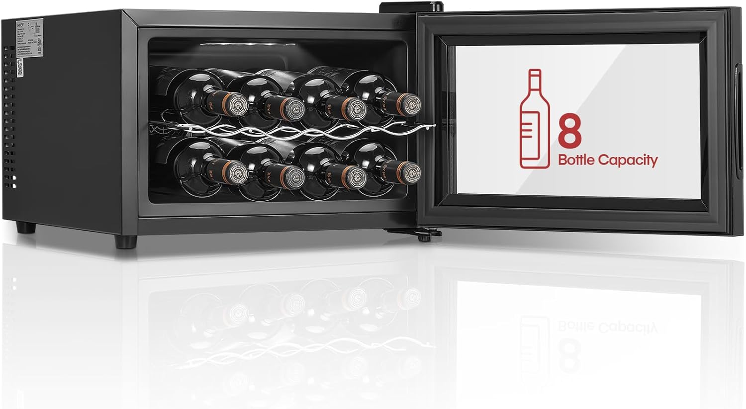 FOHERE Wine Refrigerator for 8 Bottles, Table Wine Fridge with Glass Door, 22 Liter LED + Digital Display, Drinks Fridge with Glass Door, 8-18°C, Single Zone