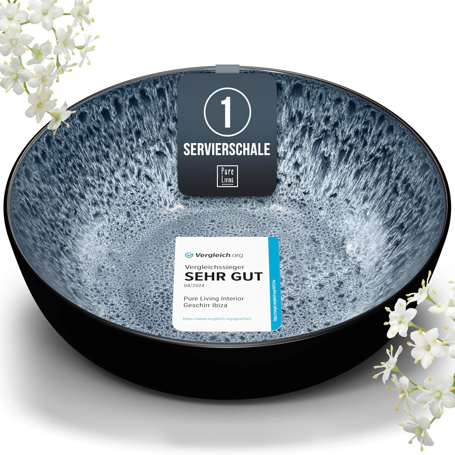 Pure Living Ibiza Stoneware Serving Bowl, High-Quality Mediterranean Salad Bowl, Serving Bowl, Dishwasher and Microwave-Safe, Scratch Resistant, Large Bowl, Salad Bowl, Cereal Bowl, Smoke Blue