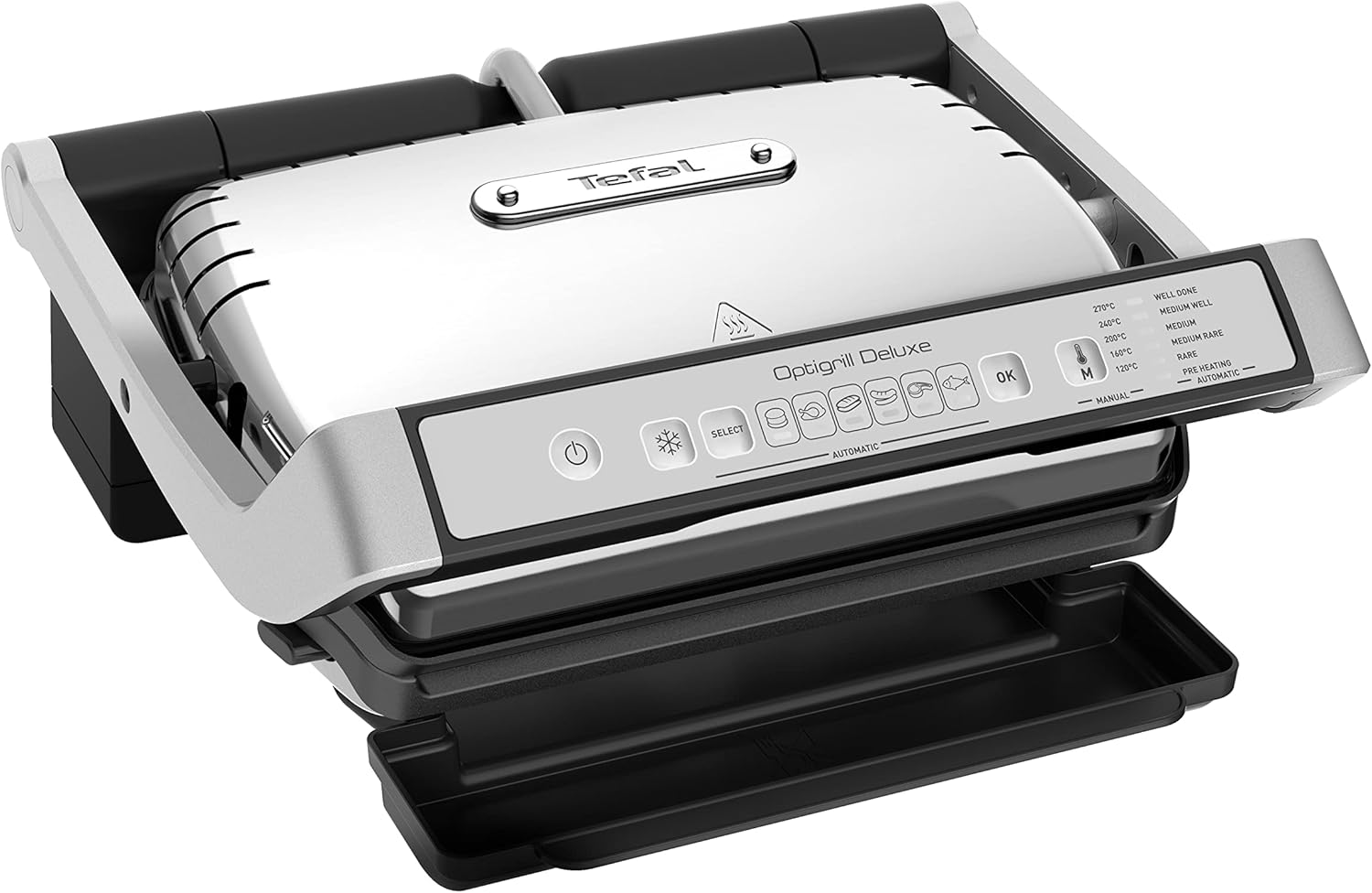 Tefal OptiGrill Deluxe Contact Grill, 6 Programs, Cooking Level Display, 5 Temperature Levels, Removable Plates, Electric Grill, Stainless Steel, GC707D16