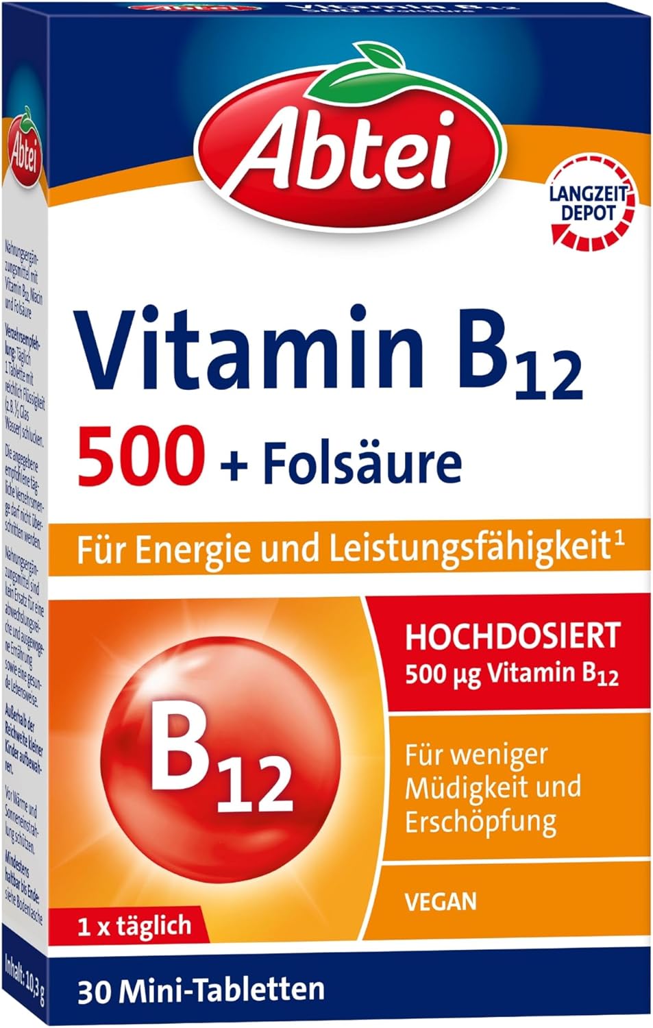Abtei Vitamin B12 Plus Folic Acid - for Energy and Performance - High Dose with 500 μg Vitamin B12 and 200 μg Folic Acid, 1 x 30 Tablets