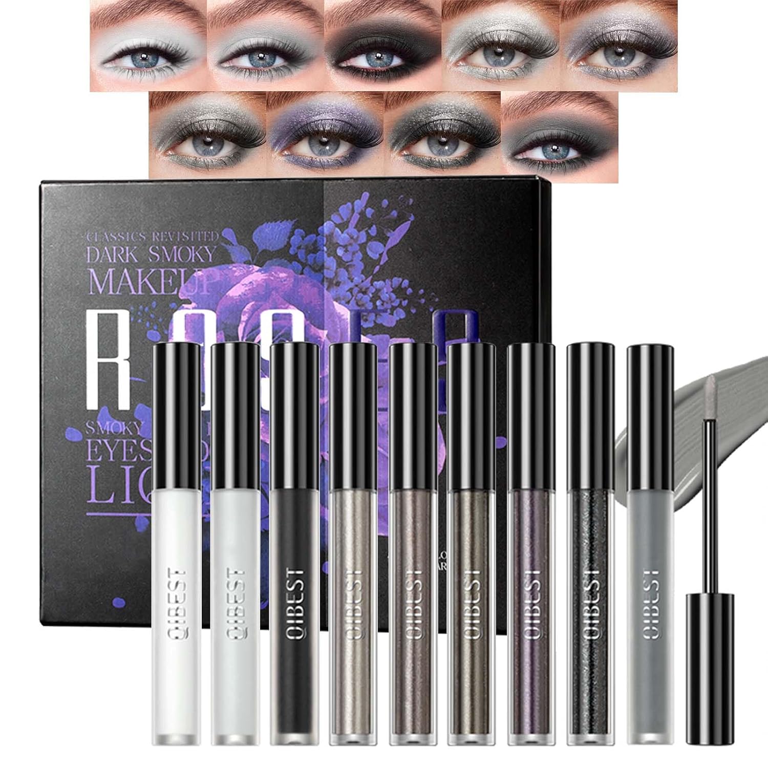 EONFAVE Smokey Glitter Eyeshadow, 9 Colours Liquid Eyeshadow Set with Metallic Matte Finish, Sweatproof & Waterproof Liquid Eyeshadow, Durable & Highly Pigmented Eye Makeup Set, Black, Grey, White