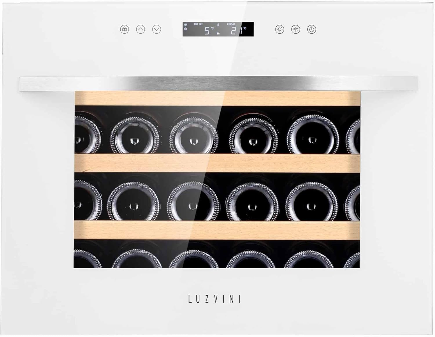 LV22W White Built-in Wine Fridge - 2 Zone - Full Glass Design Door, 22 Bottles, 41 dB, 60 cm Wide and 3 Pull-Out Beech Wood Drawers