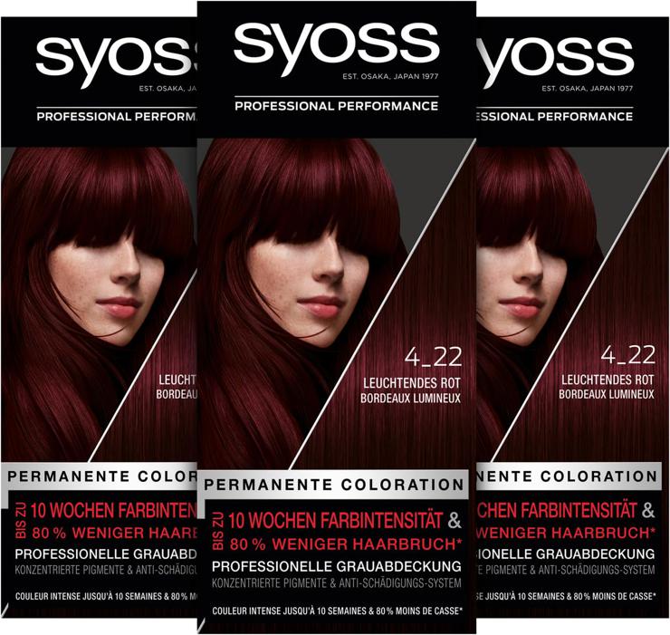 Syoss Color Coloration Hair Dye, 4_22 Bright Red Level 3 (3x 115 ml), Permanent Coloration for up to 10 Weeks of Color Intensity and 70% Less Hair Breakage*