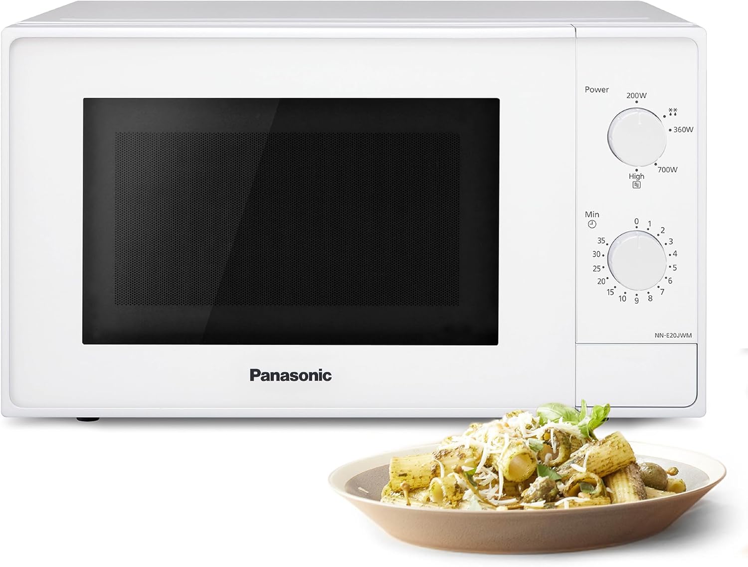 Panasonic NN-E20JWMEBG Microwave Oven with Glass Plate, 20L, 800W, Defrost Function, 5 Power Levels, Timer, White