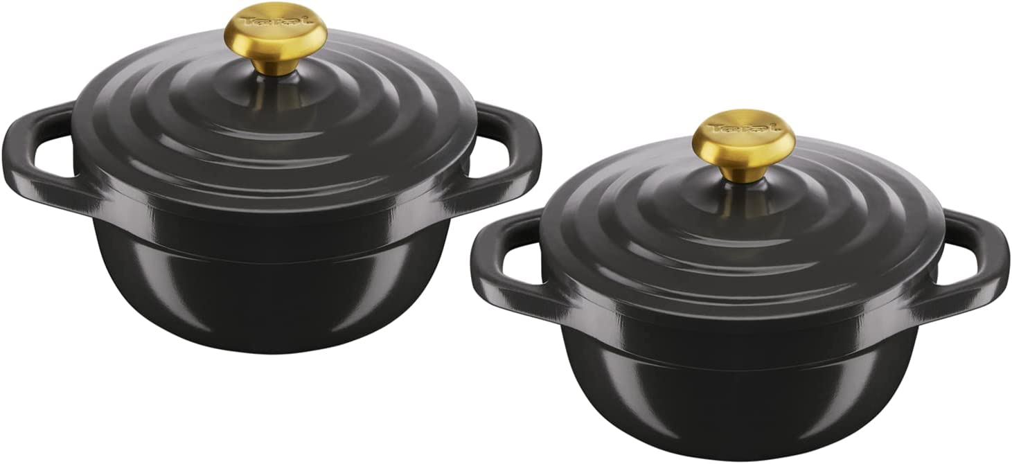 Tefal Air Cast Aluminium Set of 2 Mini Pots with Lids, 11 cm, Lightweight, Grey