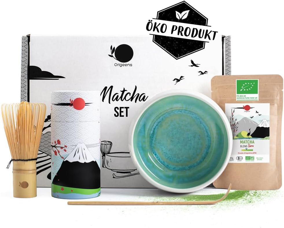 ORIGEENS MATCHA TEA SET - Organic Matcha Tea from Japan, Handcrafted Bowl from Portugal, Matcha Whisk