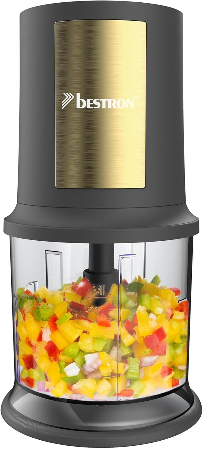 Bestron AKC200GP Electric Multi Chopper with Two Cutting Blades & 500 ml Capacity, Large Pulse Button, 3,000 RPM, Golden Platinum Collection, Colour: Gold/Matte Grey