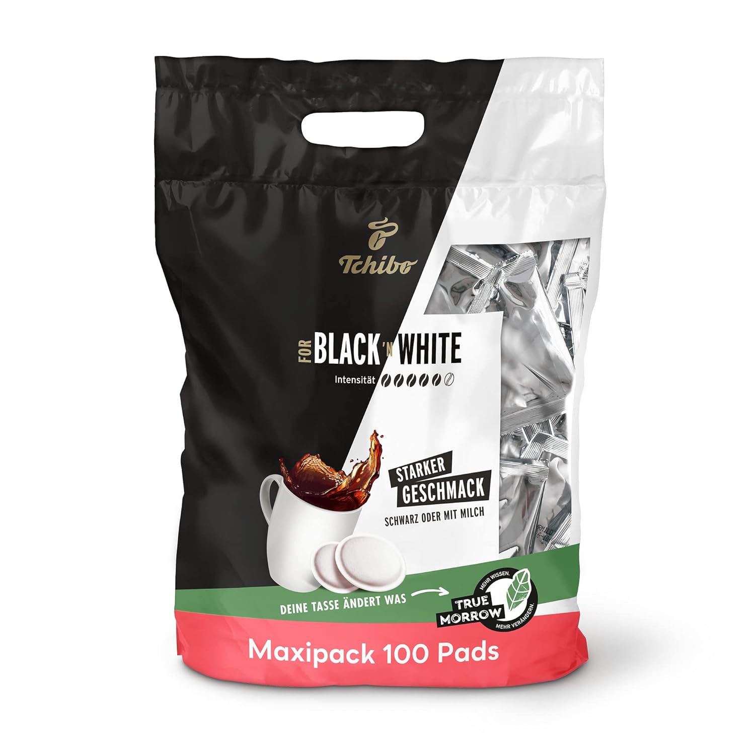 Tchibo Coffee Pads Storage Pack Maxi Pack, Black & White, 100 Pieces - 1 x 100 Pads (Coffee, Strong with Strong Taste), Sustainable, Suitable for Senseo Machines