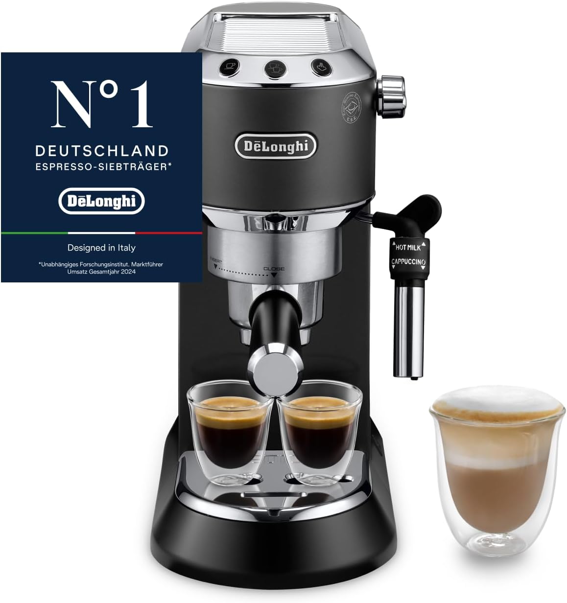 De\'Longhi Dedica Style EC 685.BK Espresso Filter Holder Espresso Machine with Professional Milk Foam Nozzle 15 cm Wide 1 Liter Water Tank Full Metal Casing E.S.E Pads Black