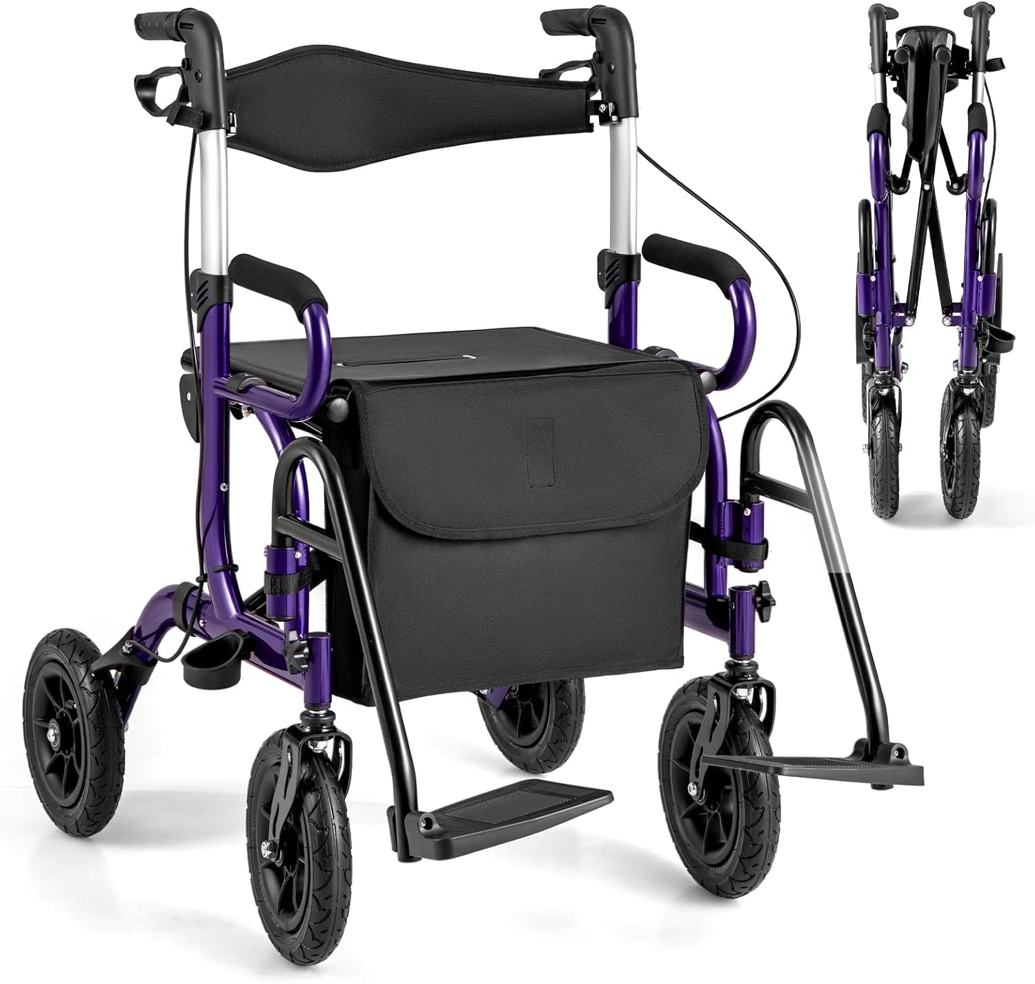 HOMASIS 2-in-1 Wheelchair Rollator Foldable & Lightweight with Seat, Walking Aid 6-Way Height Adjustable, up to 140 kg, Aluminum Walker with Pneumatic Tires, Travel Rollator Walking Aid with Stick
