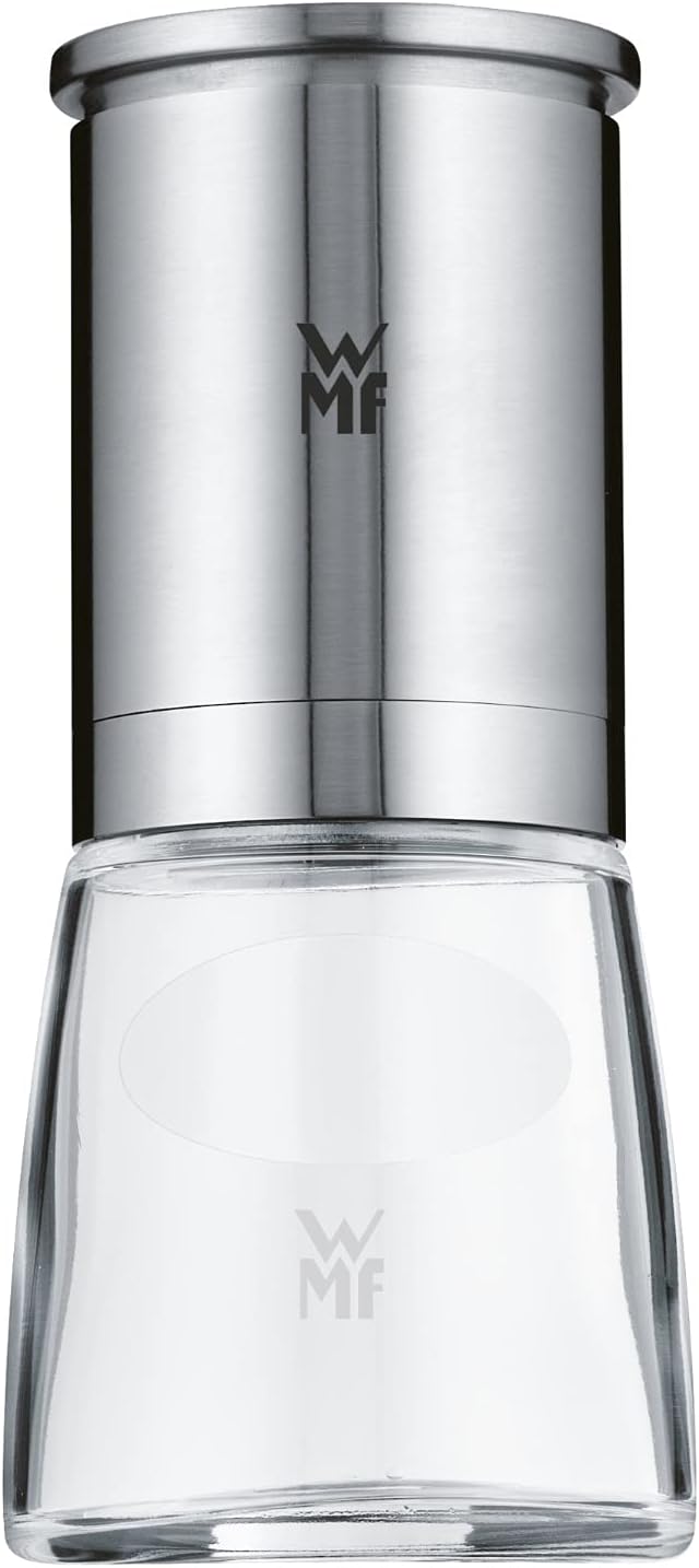 WMF Store WMF De Luxe Salt and Pepper Mill, 14 cm, Unfilled, Salt Mill, Pepper Mill, Ceramic Grinder, Cromargan Stainless Steel, Glass Container, Mill for Salt, Pepper