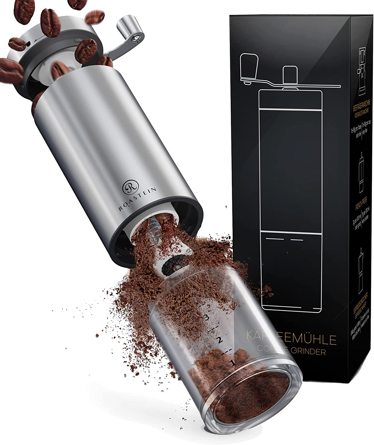 G&K Kitchenware ROASTEIN Coffee Grinder Manual - Coffee Grinder Hand - Stainless Steel Hand Coffee Grinder with Cone Grinder - The Perfect Manual Coffee Grinder with Continuous Ceramic Grinder - Hand Coffee Grinder for Every Coffee