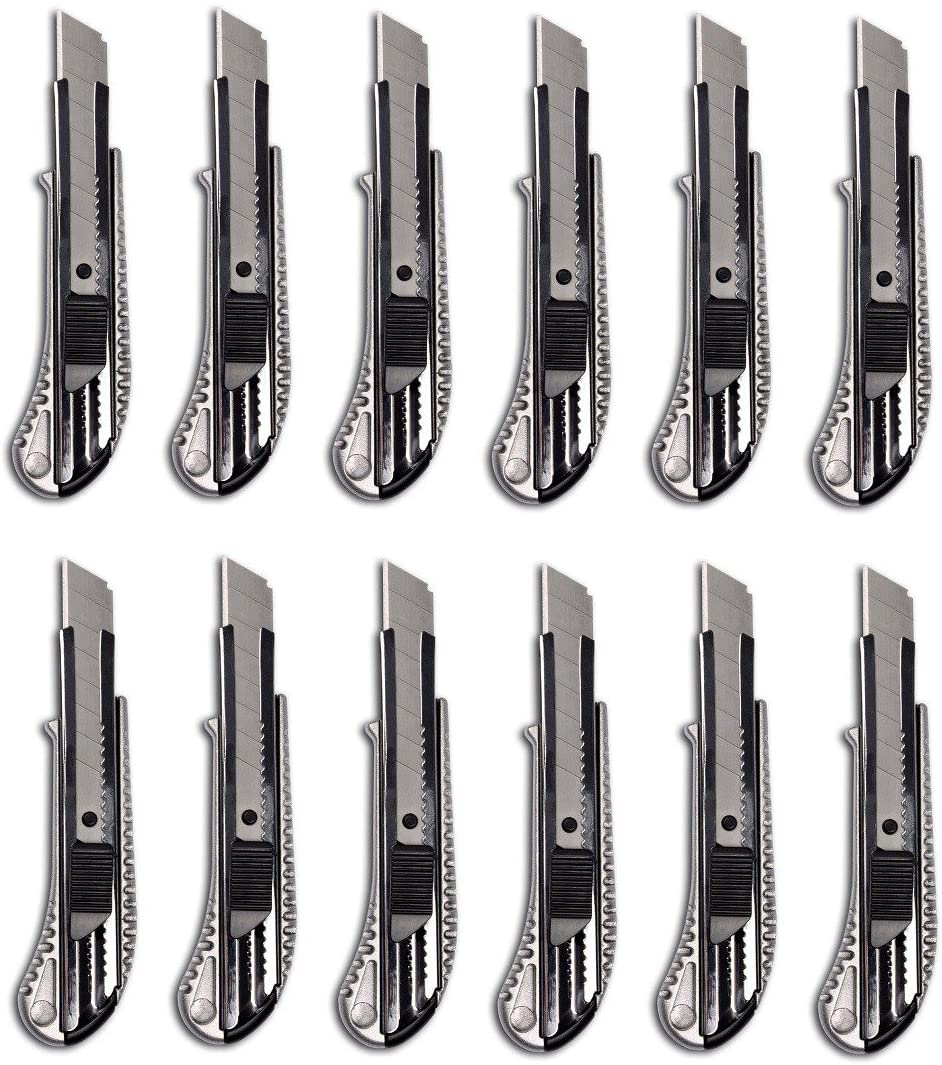 FHS Pack of 12 aluminium die-cast cutter knives with 18 mm snap off blade, carpet knife, multi-purpose knife, utility knife.