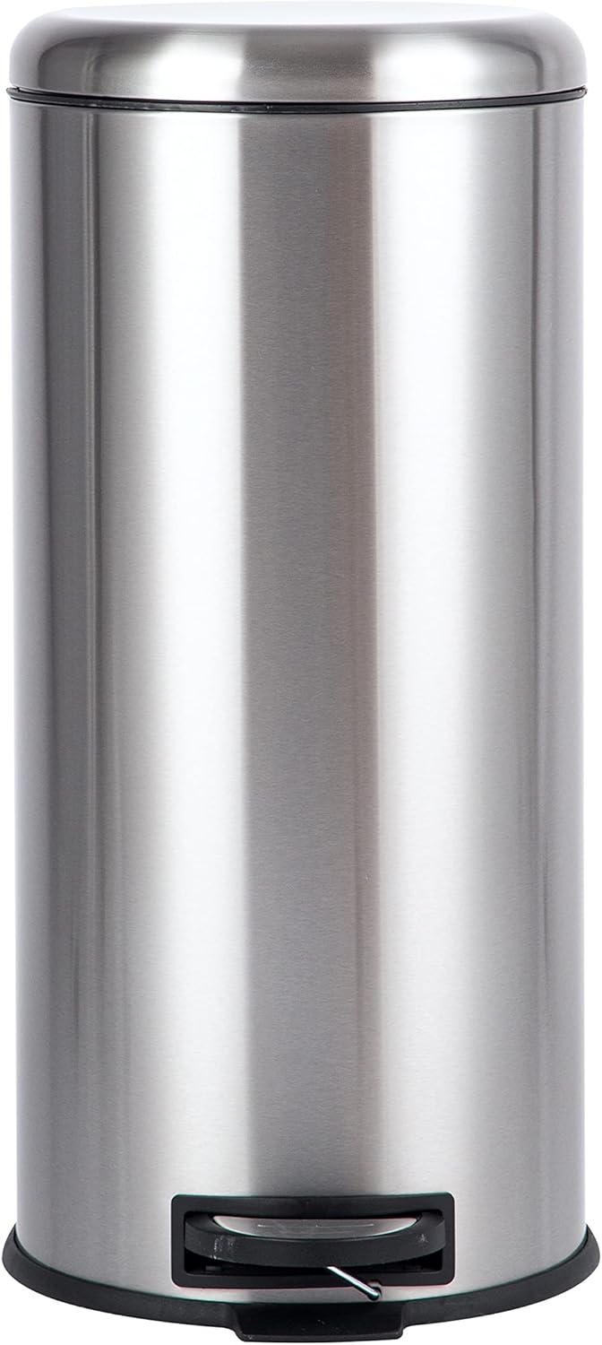 Amazon Basics Round Pedal Bin Cylindrical Stainless Steel 30 Liter Satin