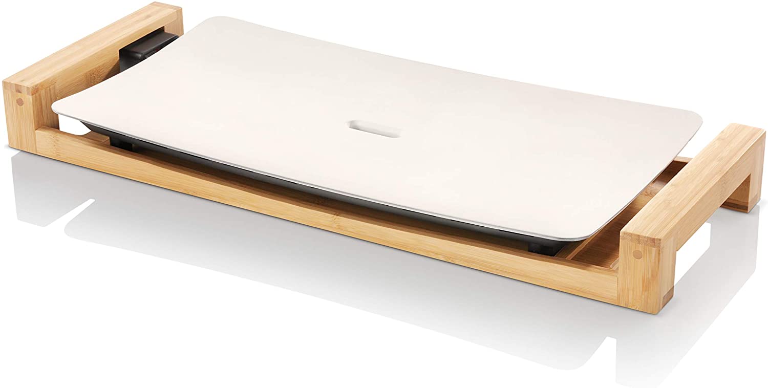 Princess Pure Table Grill - Luxury Teppanyaki Grill Plate on Bamboo Frame - White Ceramic Coating, 103030