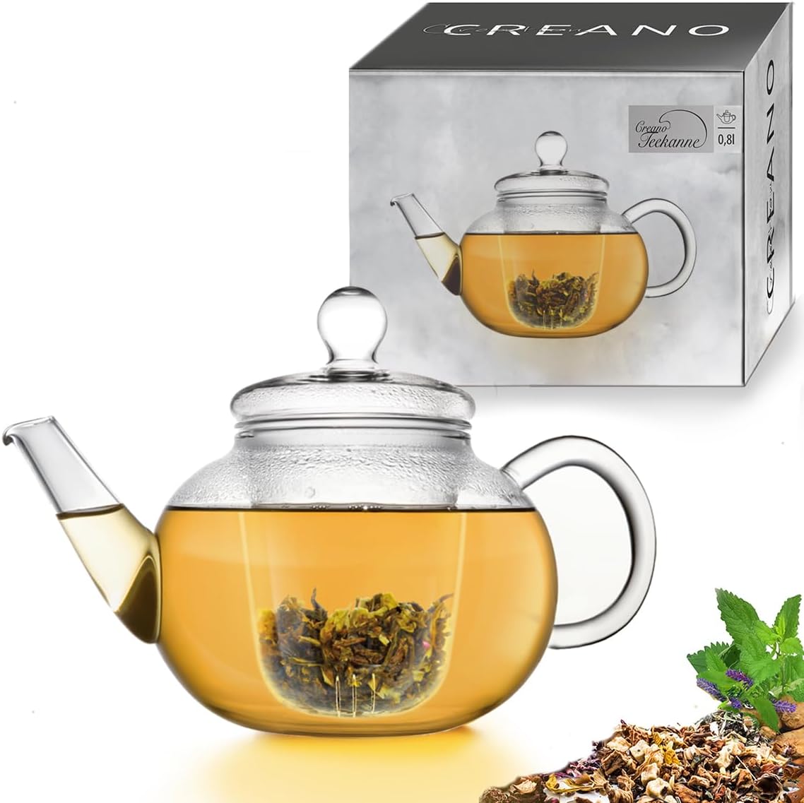 Creano Glass Teapot 0.8 L - Glass Teapot with Glass Strainer and Lid - Tea Press Ideal for Preparing Loose Teas - Drip-Free