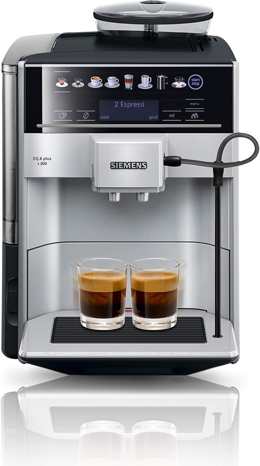 Siemens EQ.6 Plus s300 TE653501DE Fully Automatic Coffee Machine (1,500 Watts, Ceramic Grinder, Touch Sensor Direct Selection Buttons, Personalized Drink) Silver
