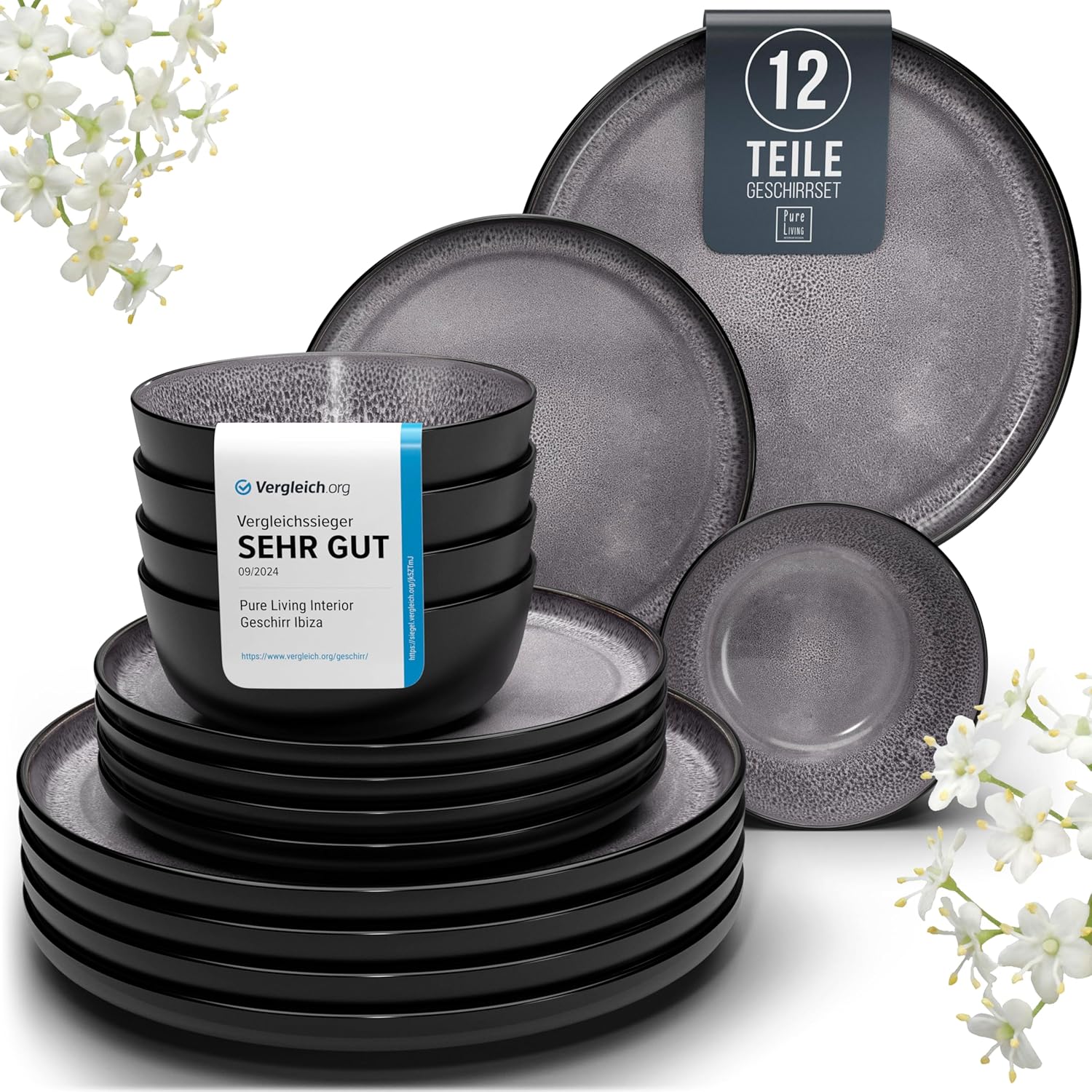 Pure Living Ibiza Stoneware Crockery Set for 4 People, 12 Pieces, Test Winner, Dreamy Mediterranean Stoneware Set, Bowl & Plate Set, Dinner Service for 4 People, Tableware Sets in Grey