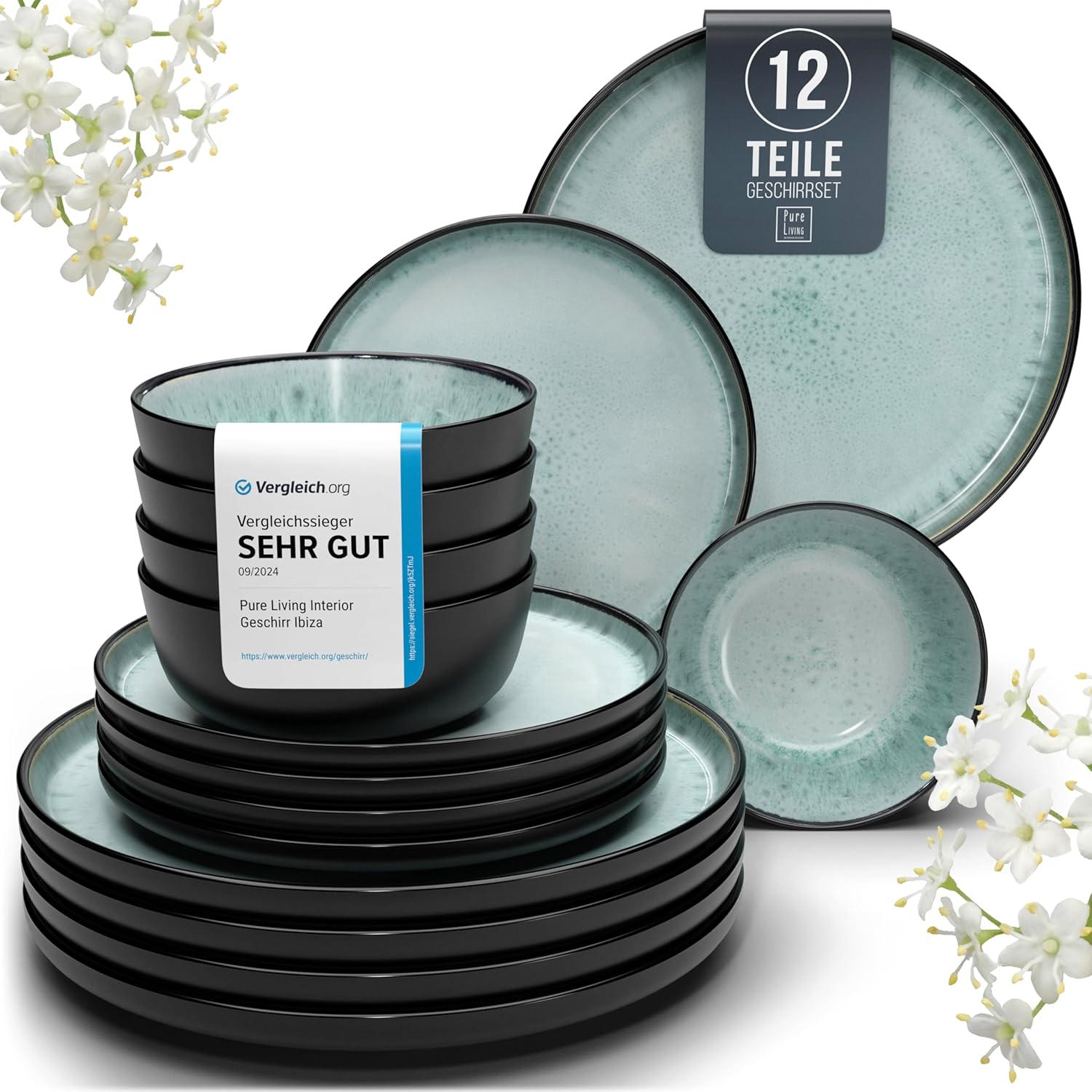 Pure Living Ibiza Stoneware Crockery Set for 4 People, 12 Pieces, Test Winner, Dreamy Mediterranean Stoneware Set, Bowl & Plate Set, Dinner Service for 4 People, Tableware Sets in Sage Green