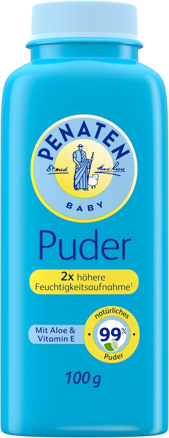 Penaten Natural Baby Powder with Aloe & Vitamin E, Powder Based on Corn Starch, Gently Nourishes Baby Skin, Fresh and Dry Skin Feeling, 100 ml