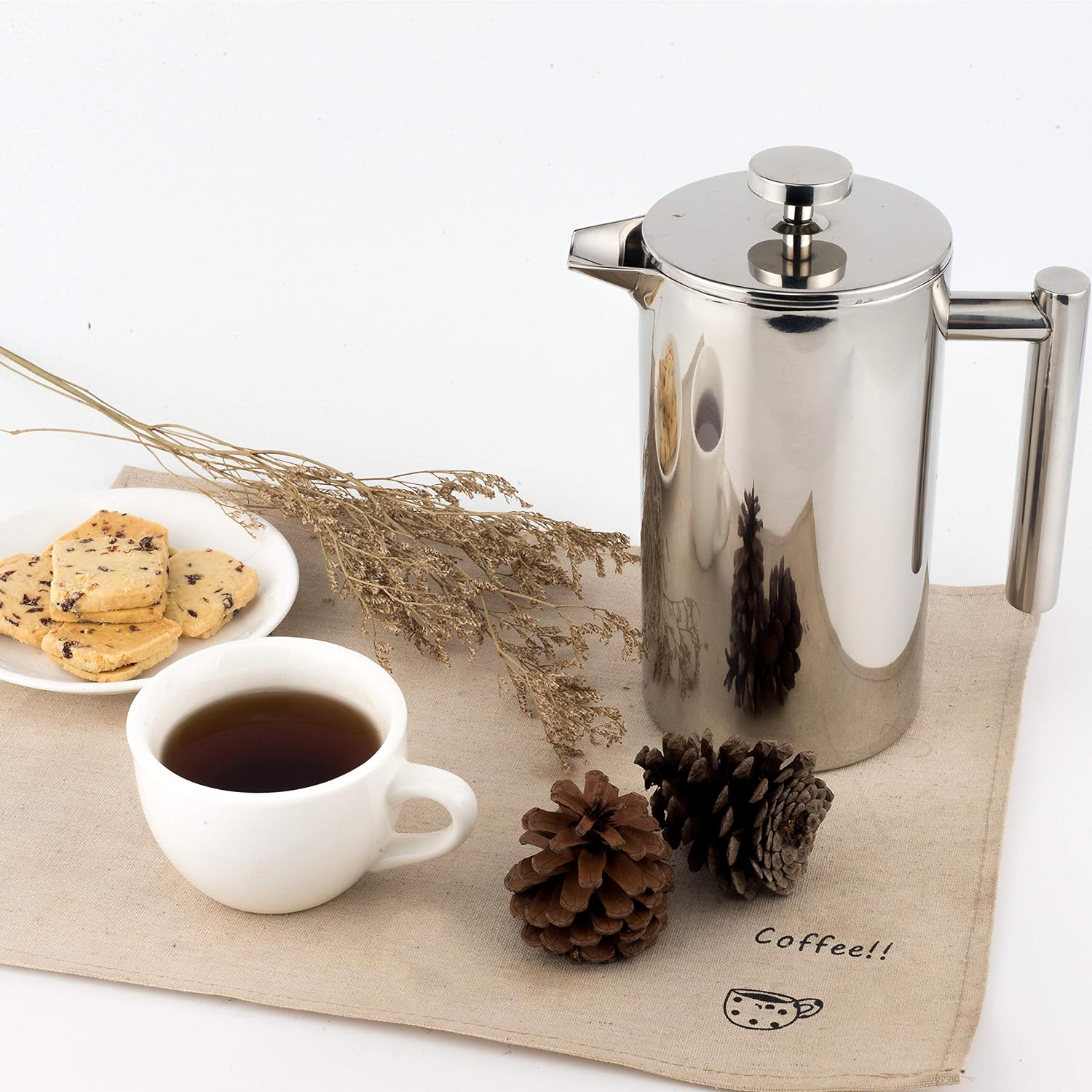 MaxMiuly French Press Coffee Maker 0.35 Litre Small Coffee Maker Double-Walled Stainless Steel French Coffee Press with 2 Extra Strainers, Silver 350 ml (2 Cups)