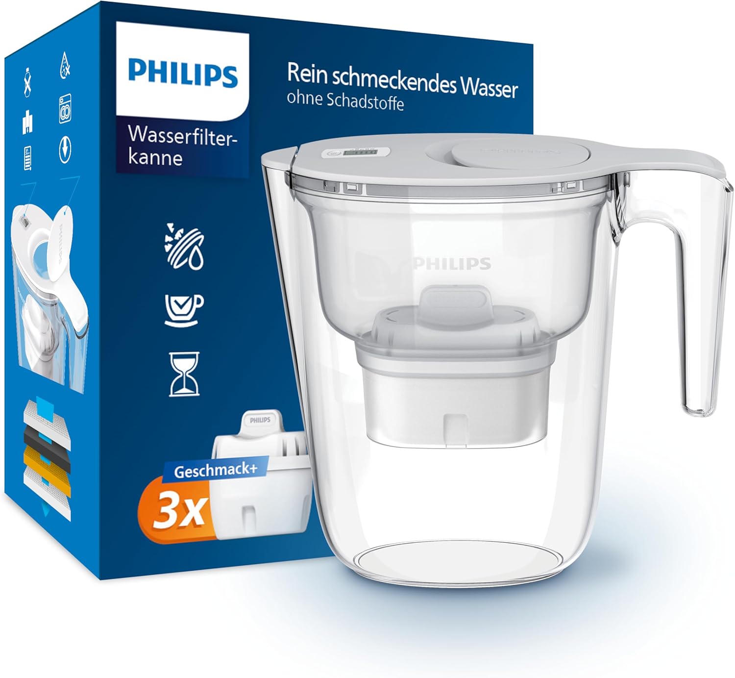 Philips Water Water Filter Jug + 3 Flavors + Replacement Filter Cartridges Fast Flow Electronic Timer Filters Chlorine Limescale Heavy Metals and Microplastics 2.6 L