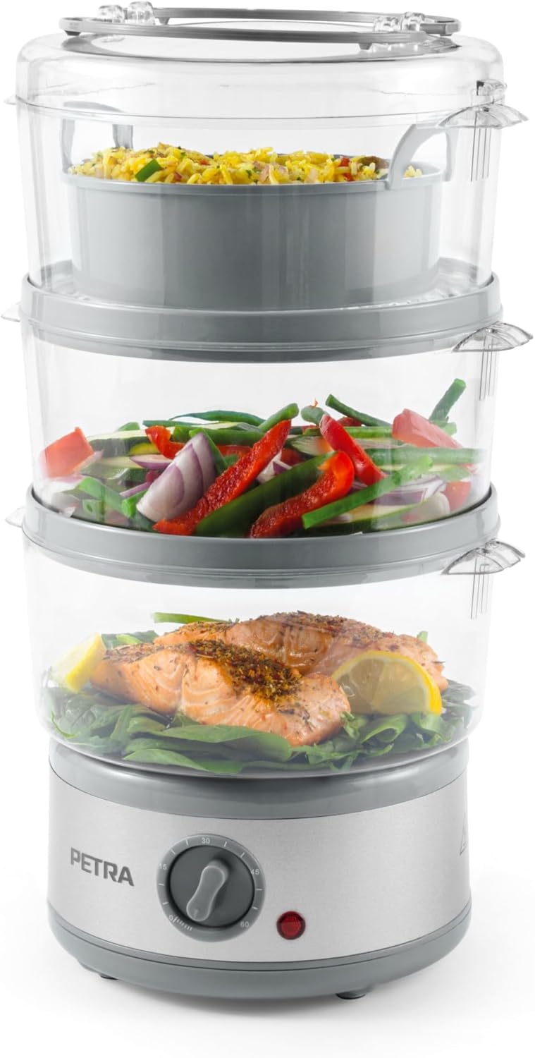 Petra PT2726ZV2HEVDE 3-Stage Electric Steamer - 7.5L Multi-Cooker, Removable BPA-Free Baskets and Rice Bowl Included, Compact Design, 60-Minute Timer, 500W, Meat and Vegetable Steamer, Silver