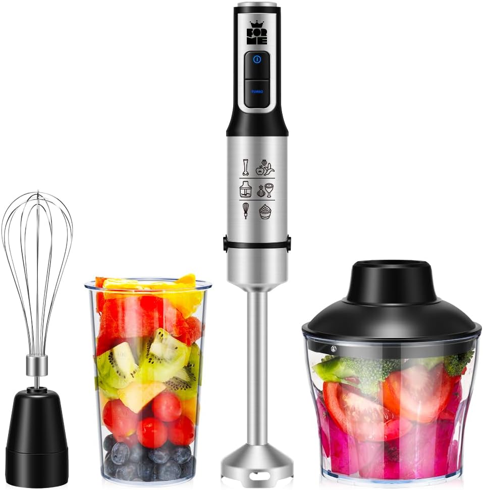FOR ME ForMe Hand Blender Set 1200 W I 4-in-1 Purée Stick Stainless Steel 2 Speed ​​with Turbo Function Purée Stick 600 ml Chopper Bowl 800 ml Beaker Glass and Whisk I For Smoothie Soups Baby Food BPA Free
