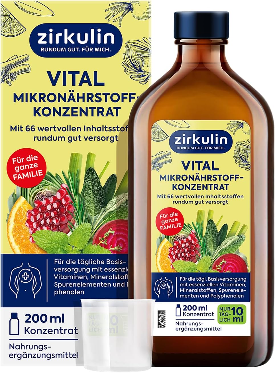 Zirkulin Vital Micronutrient Concentrate (200 ml) - 20 Day Range - 66 Vital Substances from Fruit, Vegetables & Herbs - Valuable Polyphenols - Vitamins & Minerals for the Family