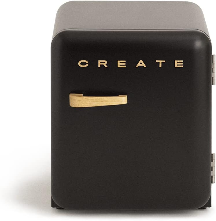 CREATE Retro Fridge 50 Wood / Fridge in Black, Wood Handle / 85 W, Minibar, One Shelf, Retro Design, 50 cm, Two Shelves, 48 ​​L Capacity, Energy Saving, 50 x 44 x 49.8 cm