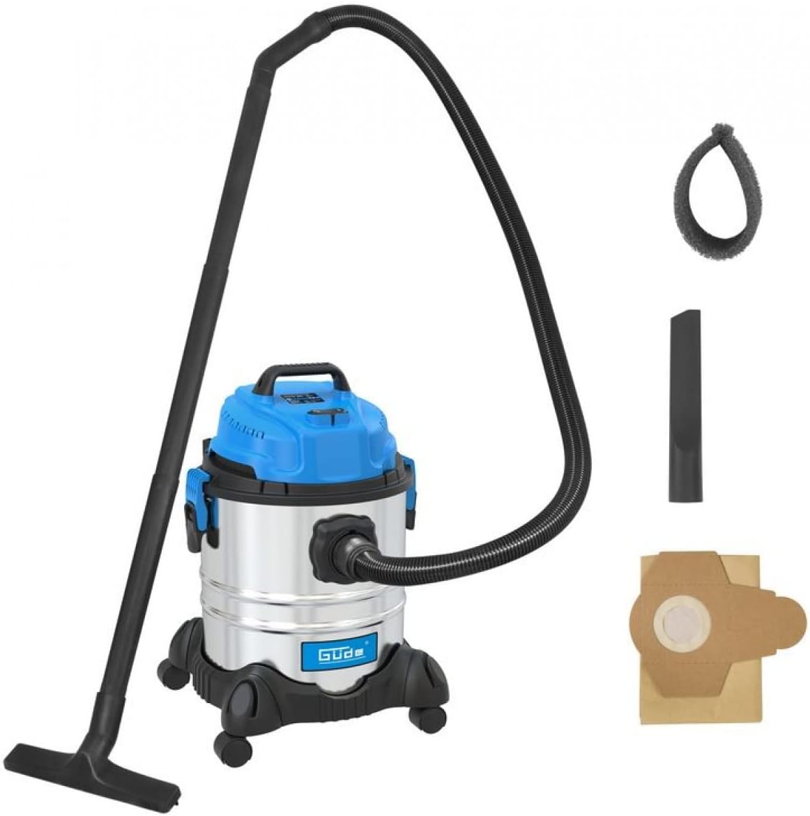 Güde GNTS 20L Wet/Dry Vacuum Cleaner (220-240 V, 1200 W, 180 mbar Max. Bottom, 96 m³/h Air Flow 3-in-1, 20 L Stainless Steel Container, Includes 1.5 m Suction Hose, 3-Piece Suction Tube, 1 Joint & 1