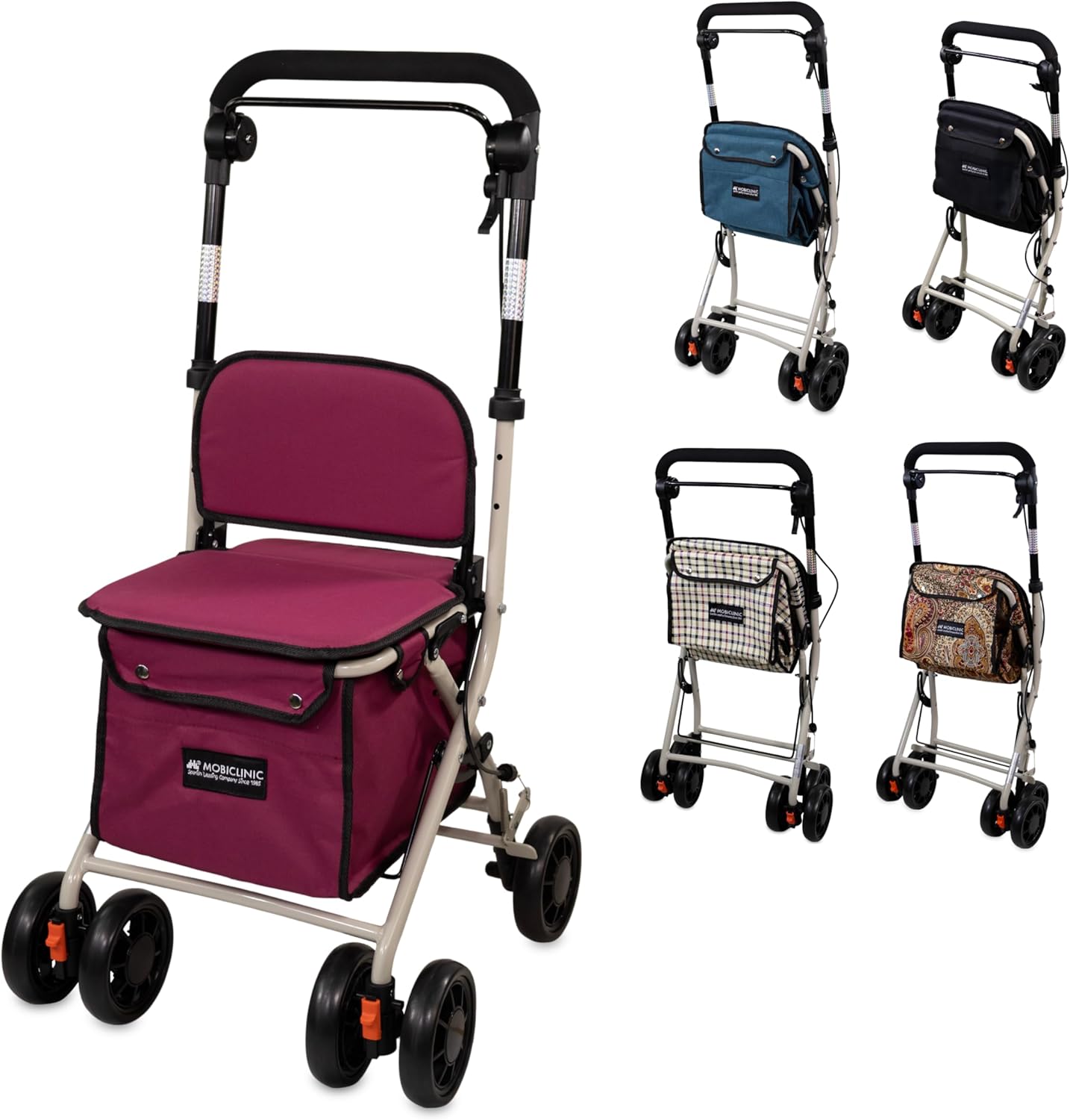 Mobiclinic, Rollator with Large Shopping Bag and Seat, 21 L, Foldable Lightweight, Coliseo, Shopping Trolley, Double Brake System, 4 Wheels, Made of Steel, Sturdy
