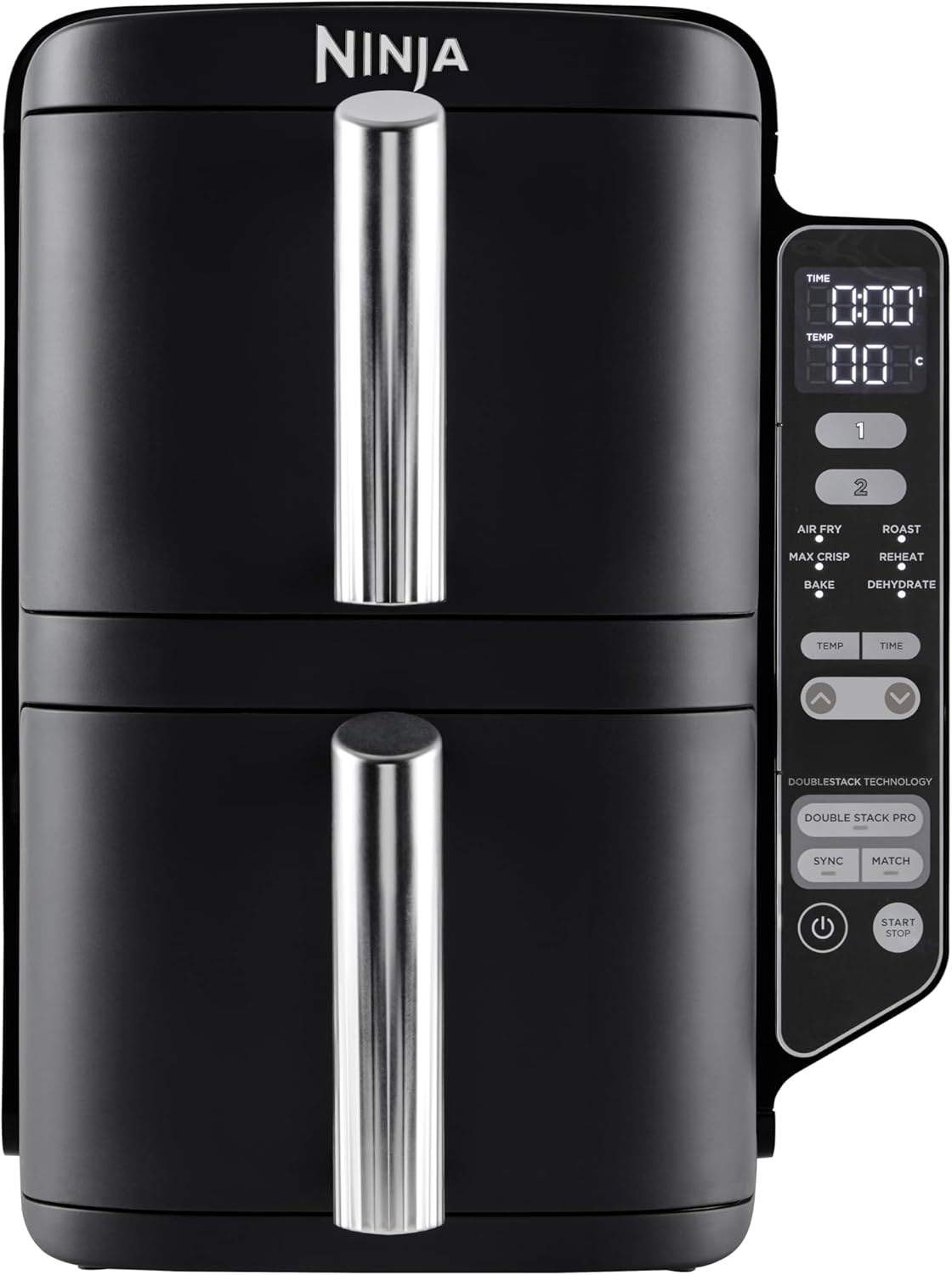 Ninja Double Stack Hot Air Fryer, 7.6 L Digital Air Fryer Double Basket with 4 Cooking Levels, 2 Drawers, 2 Racks, Space Saving Design, 6 Cooking Functions, 6 Servings, Black SL300EU