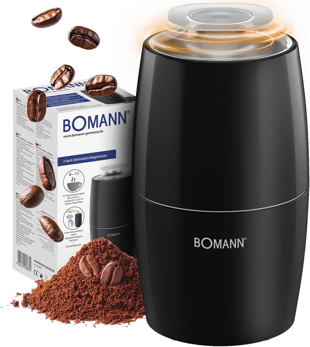 Bomann Electric Coffee Grinder for 60 g Coffee Beans Grinding Degree Variable Electric Coffee Grinder 150 W Stainless Steel Knife Accessories for Coffee Machine Espresso Mocha KSW 6088 CB Black