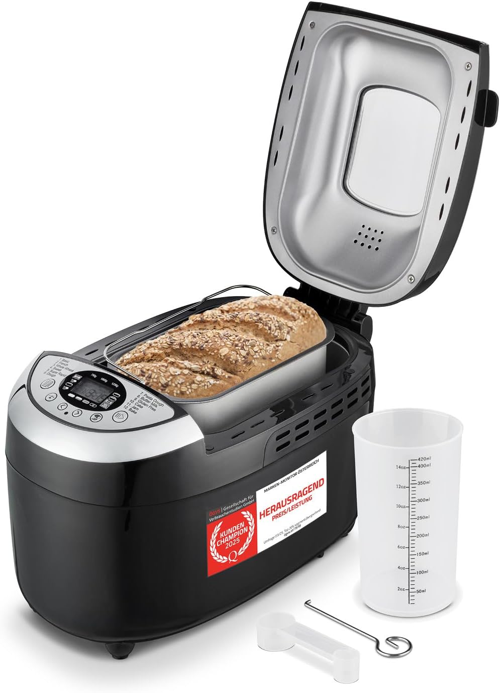 TZS First Austria - Bread Maker with 12 Automatic Programs 850 W - Fully Automatic Bread Maker 700-1250 g Capacity - Bread Maker with Viewing Window, Timer, Accessories and Warming Function - Black