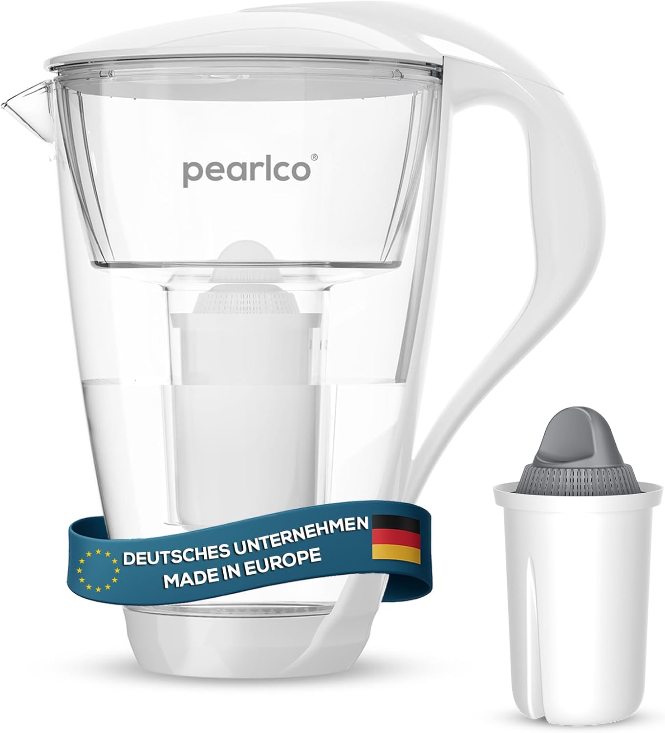 PearlCo Glass Water Filter (White) with 1 Protect+ Classic Filter Cartridge (for Hard Water) - Made in EU